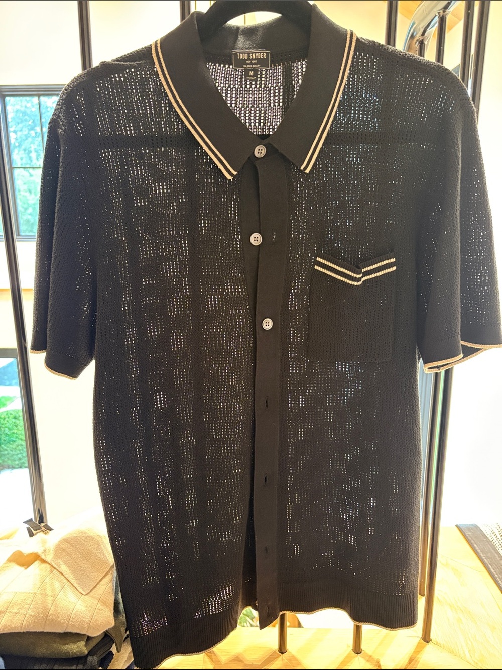 Todd Snyder Black Knit Polo with Cream Contrast Trim